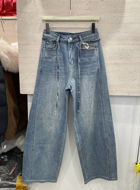 梦佳瑶7395春秋洋气美式复古满天星烫钻阔腿女宽松弯刀直筒女裤子