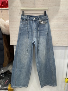 梦佳瑶7395春秋洋气美式复古满天星烫钻阔腿女宽松弯刀直筒女裤子