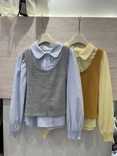 鑫风尚202春季新款衬衫女小个子娃娃领高级感叠穿马甲+背心两件套