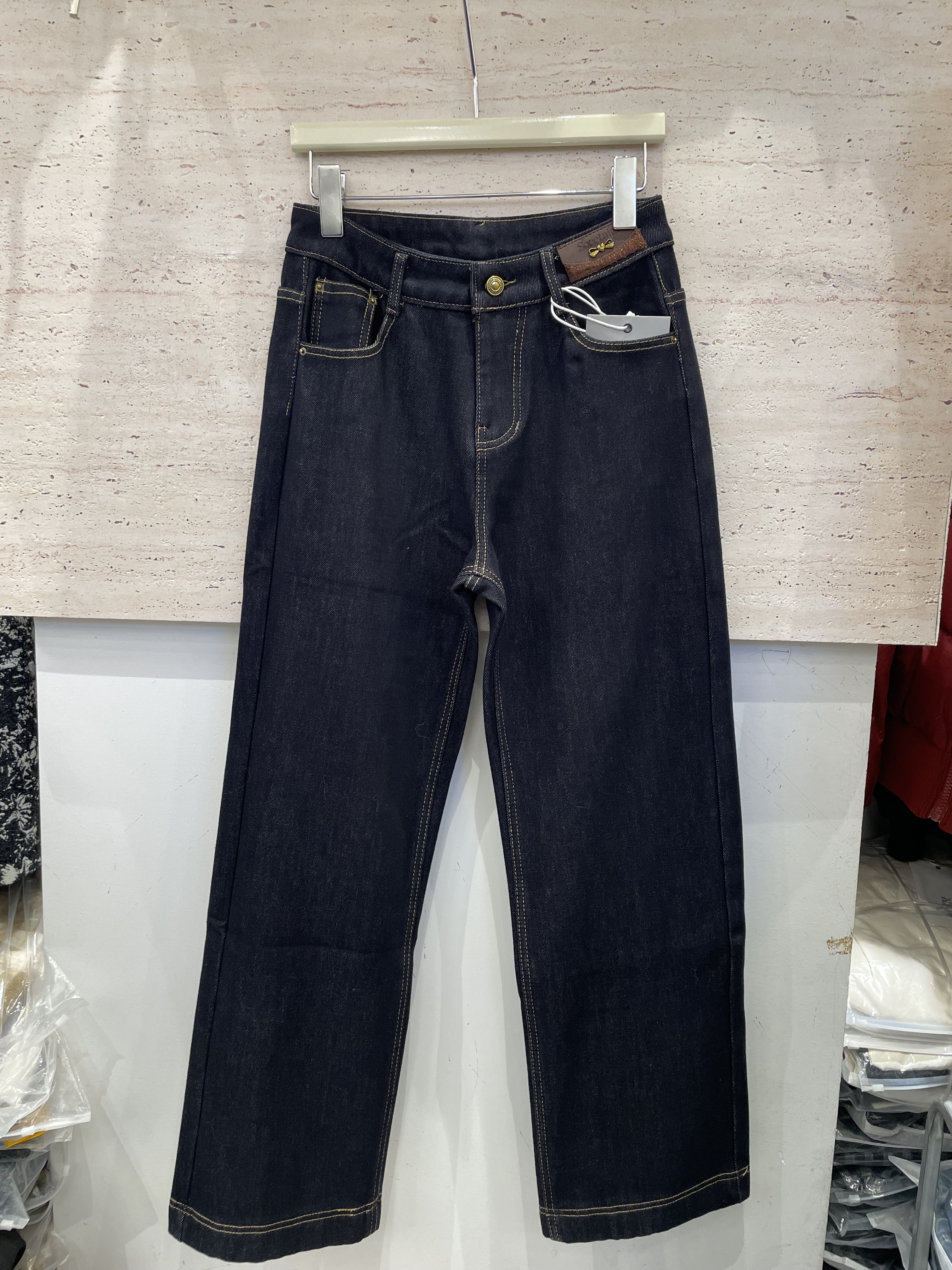 梦佳瑶8867冬季新款加绒加厚牛仔裤女高腰显瘦直筒裤窄版阔腿长裤