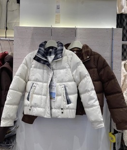 艾伊诺8507冬短款羽绒棉服宽松格子拼接百搭立领棉衣小个子女外套