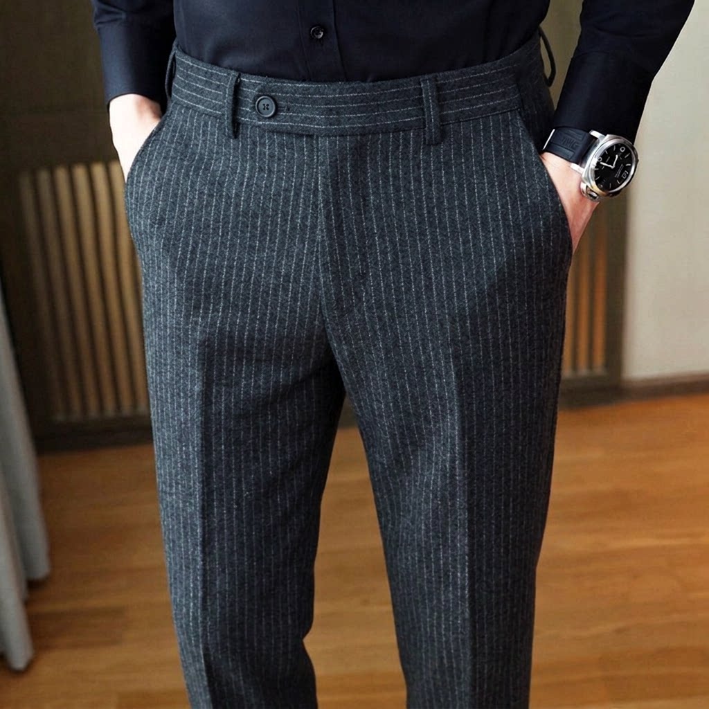 毛呢男裤子羊毛秋冬季冬款加厚条纹商务高端西装小脚休闲男士西裤