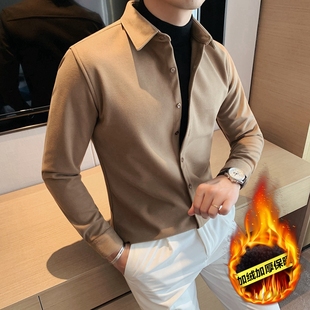 长袖 羊毛呢子外套商务高端加绒加厚保暖寸秋冬季 休闲衬衣 衬衫 男士