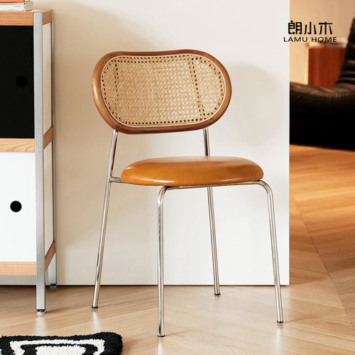 朗小木北欧轻奢ins家用简约网红奶茶椅子中古藤编餐椅实木靠背椅