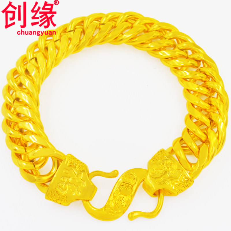 创缘镀黄金手链男宽面蛇骨镀沙金手链粗福字马鞭坦克手链老人首饰