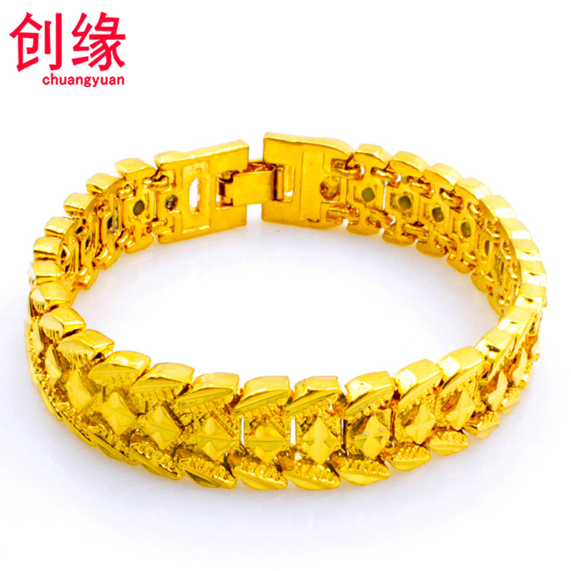 创缘镀黄金手链男士霸气宽面镀黄金表链镀金手链子老板链首饰道具