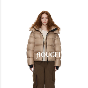 女款 AOUGEL 短款 亮面十字格女款 羽絨服女 連帽90白鴨絨時尚