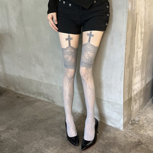 十字架吊带一体丝袜蕾丝边长筒袜女镂空性感辣妹法式 显瘦过膝袜子