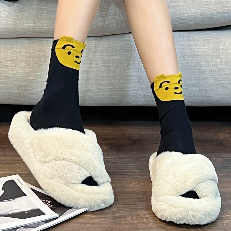 韩版个性动漫卡通粗眉小熊立耳长袜黑色中筒袜少女萌袜子可爱潮袜