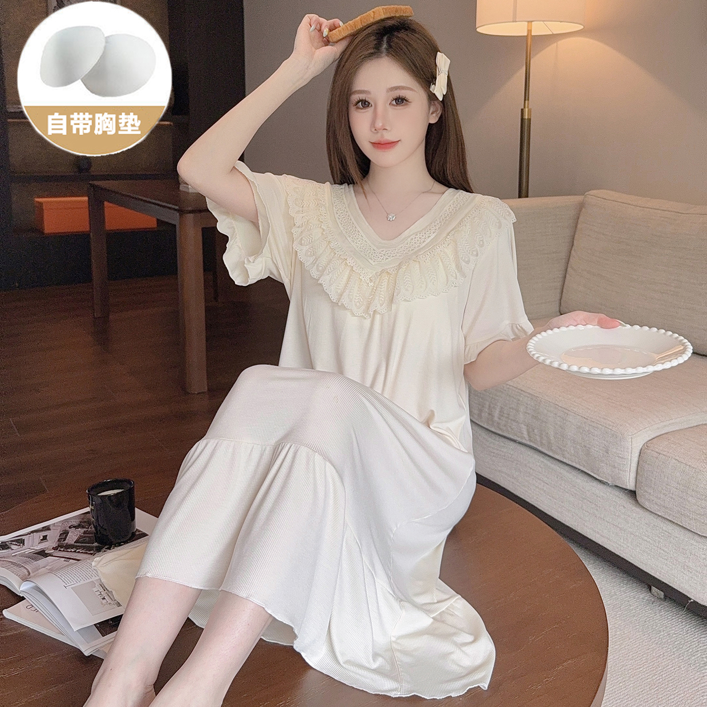 带胸垫睡裙女夏季短袖莫代尔甜美