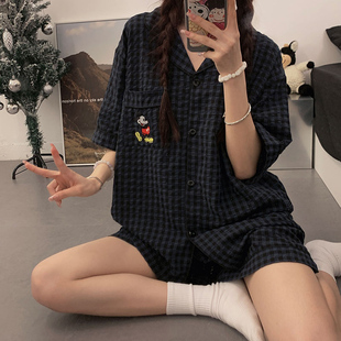 韩国ins格子米奇情侣睡衣女夏季 短袖 梭织纯棉薄款 外穿家居服套装