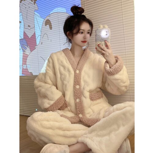 冬季珊瑚绒加厚加绒女甜美小香风
