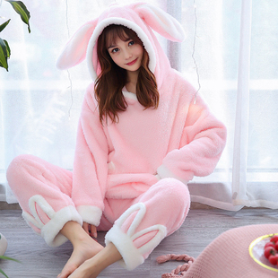 珊瑚绒加厚加绒可爱卡通连帽法兰绒家居服套装 兔耳朵睡衣女秋冬季