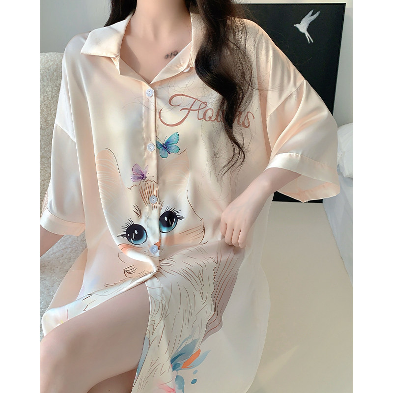 2024新款网红猫咪衬衫睡裙女士冰雪丝气质高级感外穿睡衣家居服薄,女士内衣/男士内衣/家居服,睡衣/家居服套装,淘宝优惠券,粉丝福利购,淘宝优惠卷