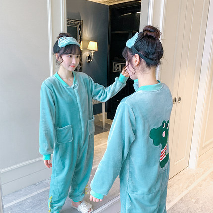母女珊瑚绒睡衣女秋冬薄款2024年新款冬季连体可爱拉链法兰绒亲子