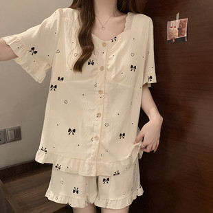 短裤 带胸垫睡衣女款 甜美女士蝴蝶结短袖 夏季 家居服 云朵棉2025新款
