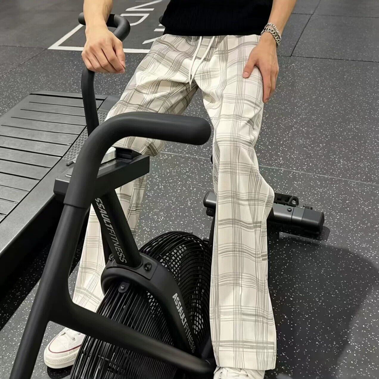 黑色格子裤男生夏季薄款美式慵懒松弛感直筒裤子运动休闲裤