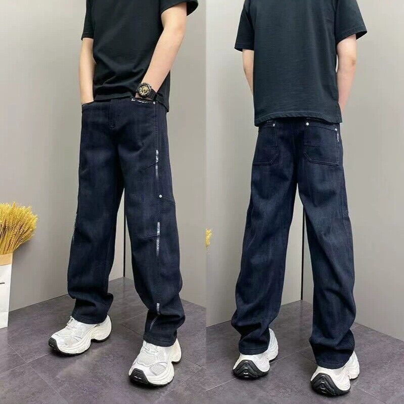 2026年春夏季新款韩版直筒阔腿裤男宽松百搭休闲牛仔裤深蓝色拼接