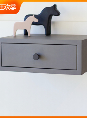 后现代灰色实木床头柜带r抽屉极简储物柜悬空书柜梳妆台北欧床边