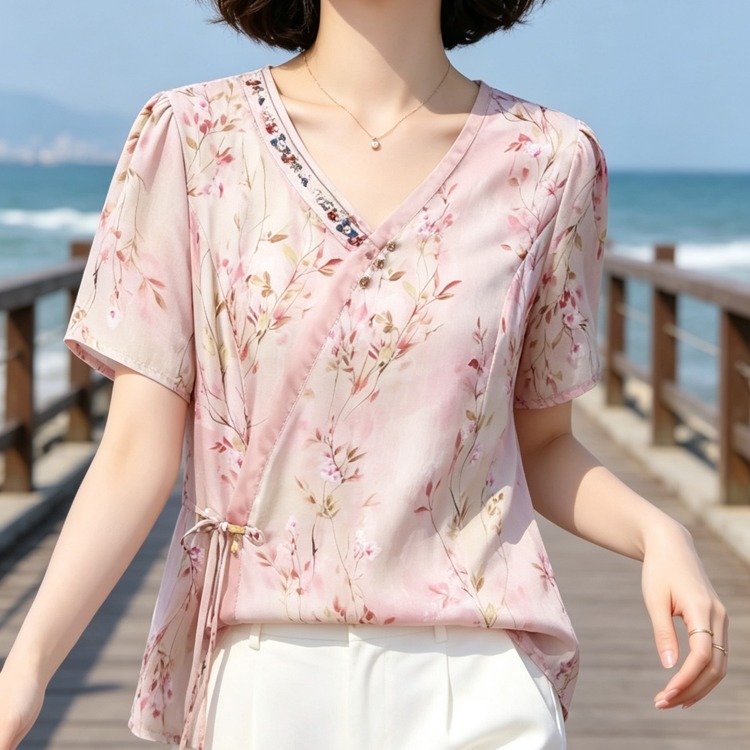 2026温柔乡野风印花雪纺上衣女夏季短袖V领宽松妈妈装气质衬衫