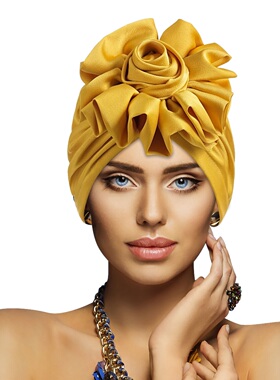 欧美外贸头巾帽法式缎面大花朵松紧套头帽纯色时尚帽子turban hat