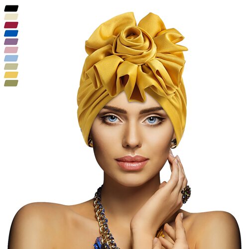 欧美外贸头巾帽法式缎面大花朵松紧套头帽纯色时尚帽子turban hat