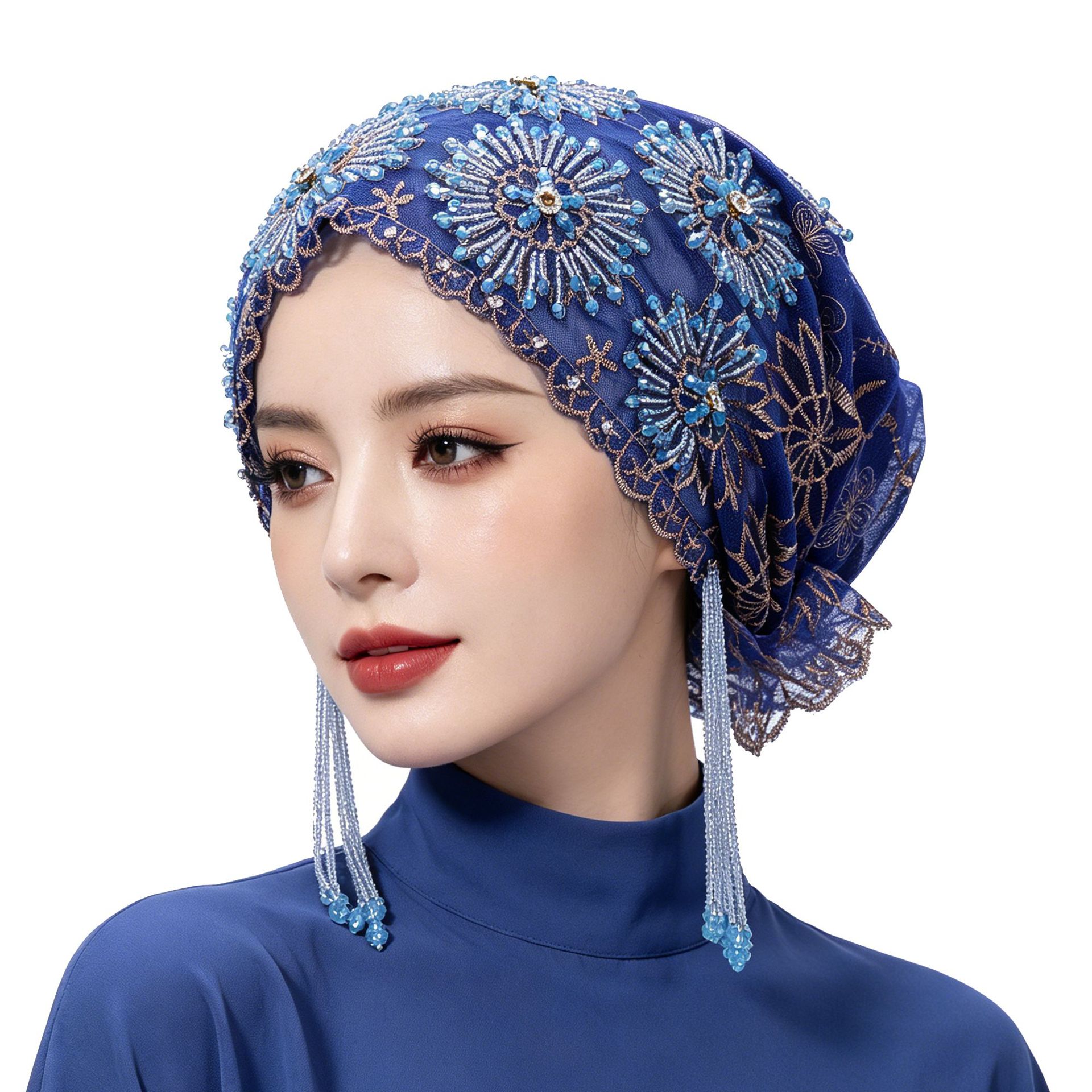民族风重工串珠刺绣蕾丝头巾帽装饰流苏鱼尾包头帽时尚套头帽 hat