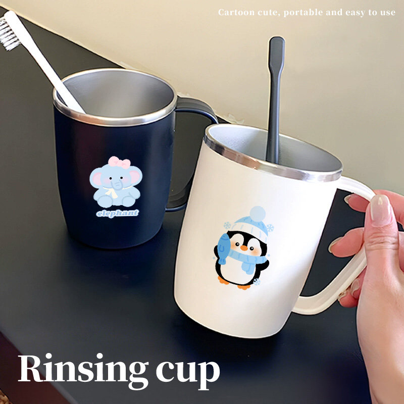 可爱企鹅漱口杯304不锈钢牙刷杯学生情侣手柄漱口杯防摔家用洗漱