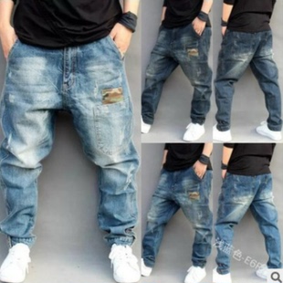 外贸街头风牛仔哈伦裤 男式复古潮流百搭休闲宽松大码小脚嘻哈裤