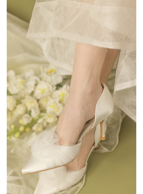 【椿】白梨 rika/原创网纱花朵尖头中空细跟高跟鞋仙女伴娘鞋婚鞋