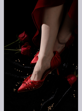 【椿】珠语星辰 /原创褶皱金珠尖头细高跟鞋红色婚鞋秀禾敬酒宴会
