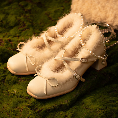 薮椿水貂毛方头单鞋粗跟玛丽珍鞋