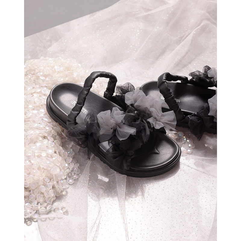 【椿】夜 海 /原创网纱蕾丝蝴蝶结露趾后绊带平底厚底凉鞋仙女风,女鞋,时装凉鞋,淘宝优惠券,粉丝福利购,淘宝优惠卷