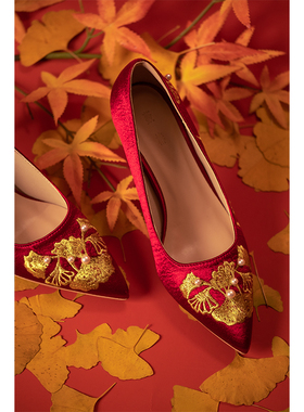 【椿】故宫的银杏 /原创国风刺绣绣花尖头细跟高跟鞋红色婚鞋宴会