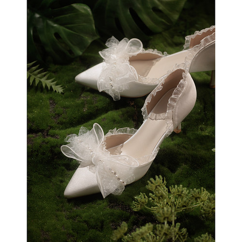薮椿细高跟鞋蕾丝蝴蝶结伴娘婚鞋