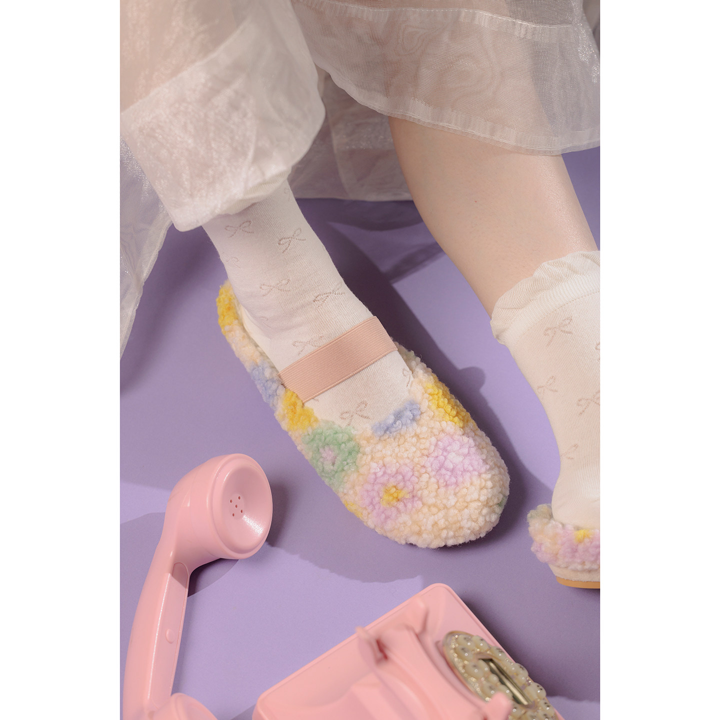 【椿】花 间/原创花朵油画风羊羔毛外穿包头半拖鞋舒适保暖一脚蹬,女鞋,包头拖,淘宝优惠券,粉丝福利购,淘宝优惠卷