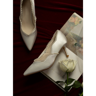 【椿】复古名伶/原创珍珠花瓣尖头细高跟鞋宴会新娘婚鞋旗袍鞋