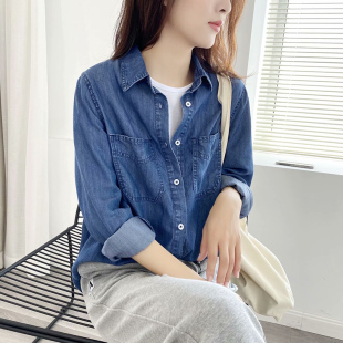 宽松纯棉衬衣百搭打底长袖 牛仔衬衫 韩版 新款 双口袋上衣 女2021秋季