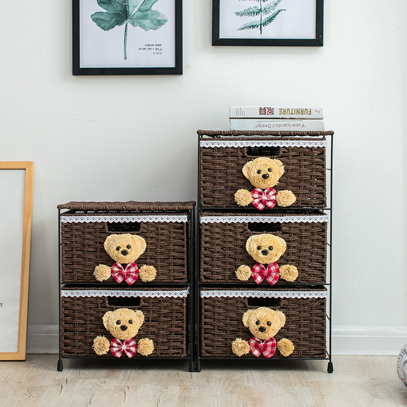 收纳柜手工编织卡通小熊收纳架儿童房收纳筐玩具收纳橱柜床头柜