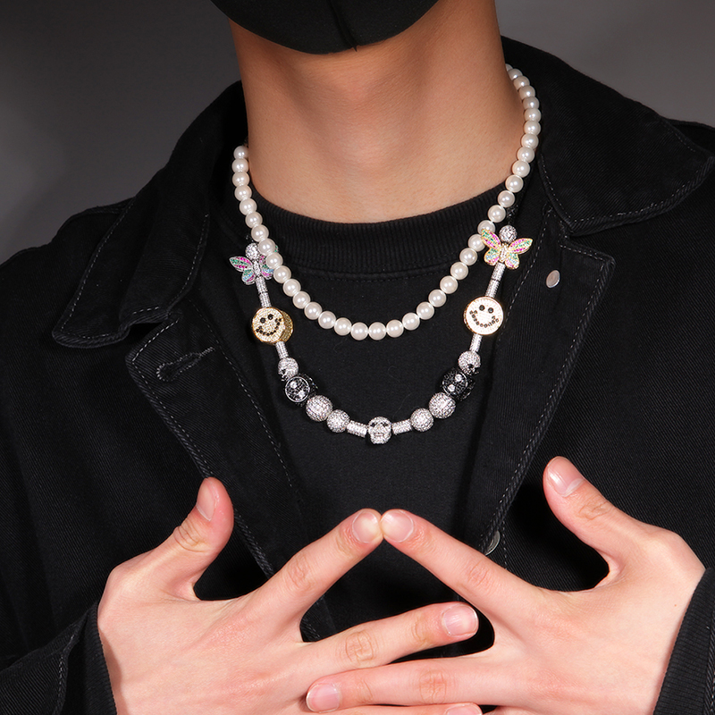 嘻哈笑脸项链珍珠满钻满钻镶钻