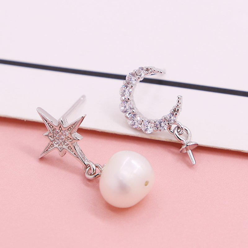 diy月亮纯银琥珀锆石耳饰珍珠