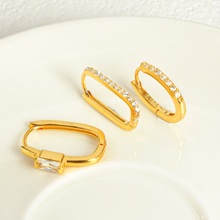 镶钻款 U形方钻耳勾S925纯银DIY耳饰配件材料精致超闪ins风耳扣
