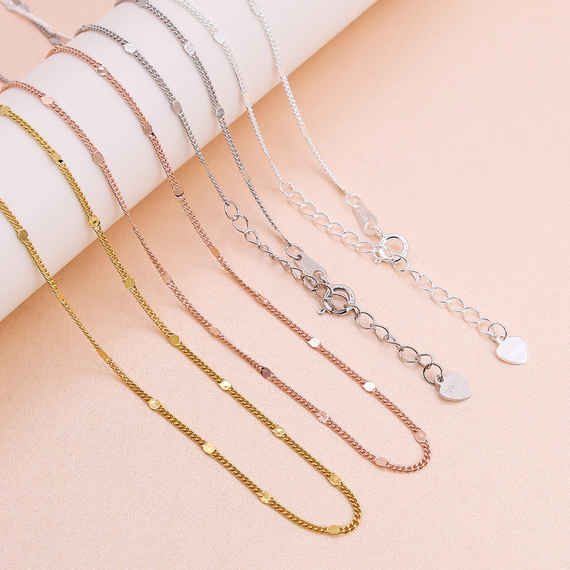 S925纯银侧身间珠扁形闪片项链银链子DIY女链锁骨链ins高级单链