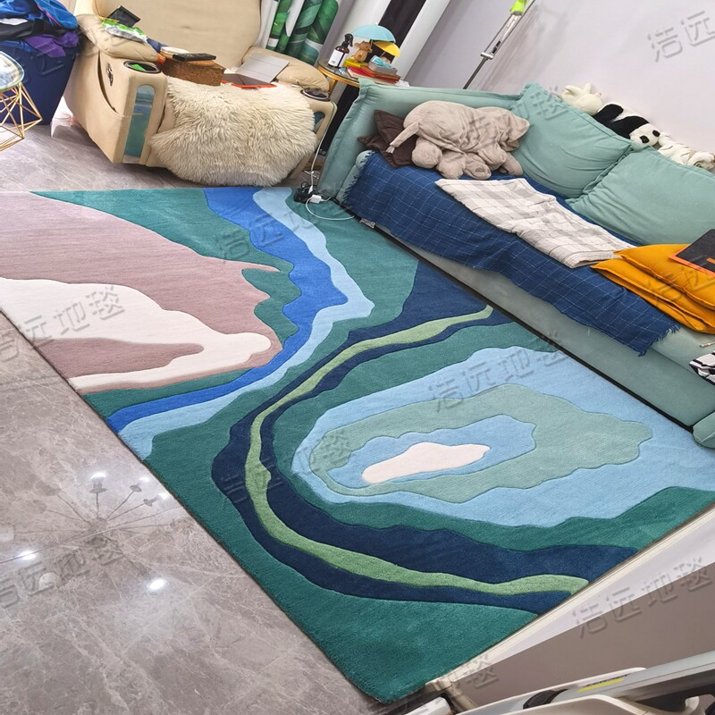 蓝色地中海轻奢手工客厅地毯定制