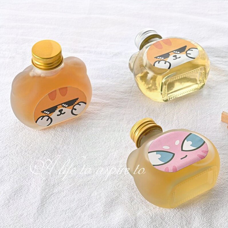 网红可爱猫耳朵饮料瓶ins卡通透明玻璃小瓶一次性奶茶分装瓶子