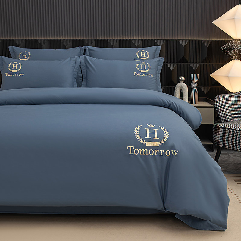 轻奢酒店风全棉纯棉床上四件套男生蓝色被罩床单床笠款高级感床品