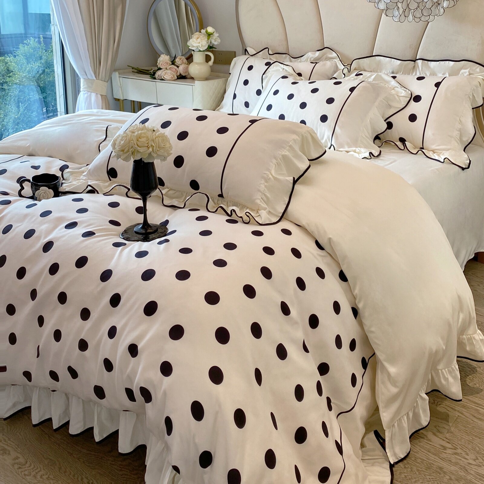 法式公主风黑白波点全棉纯棉四件套水洗棉四季通用床上用品床笠款