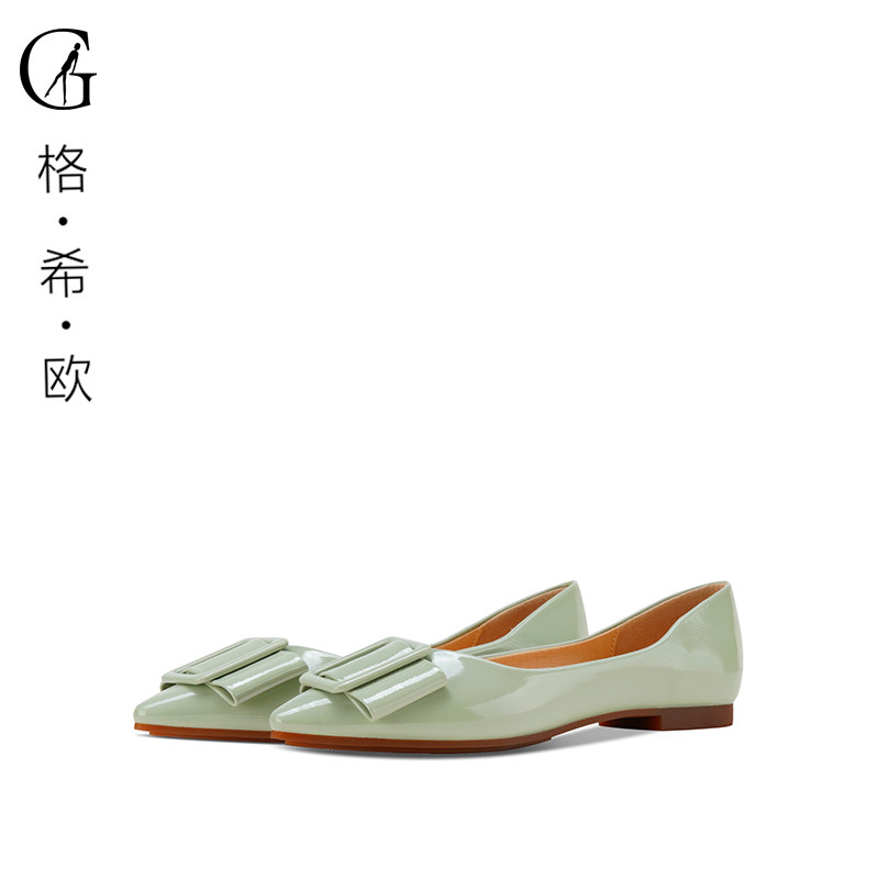 goxeou/格希欧新款单鞋女浅口平底鞋女绿色漆皮蝴蝶结时尚女鞋