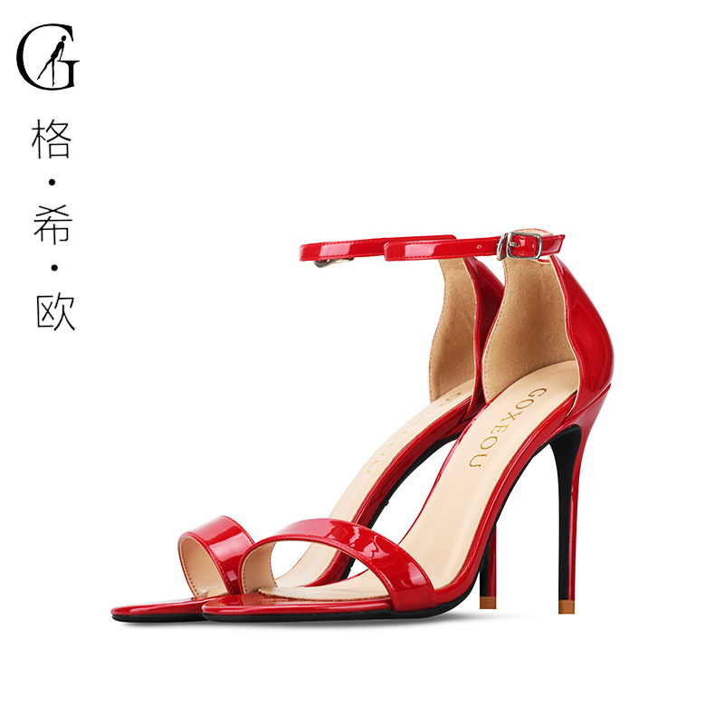 goxeou格希欧新款漆皮圆头细跟一字带红色凉鞋夏季性感高跟鞋女鞋