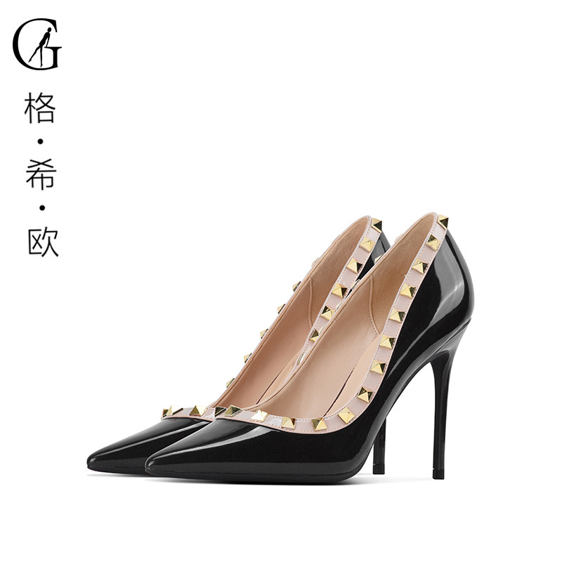 goxeou/格希欧2021新款高跟鞋铆钉女黑色尖头细跟漆皮浅口单鞋女
